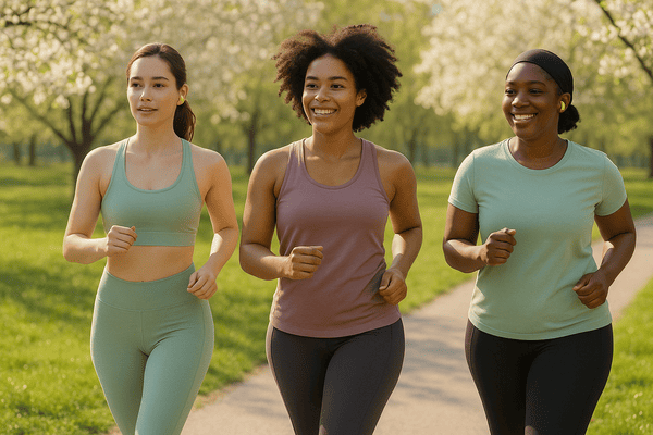Junge Frauen joggen entspannt im Park bei Sonnenschein, sportliche Kleidung in Pastellgrün mit gelben Akzenten, aktive und freundliche Stimmung.