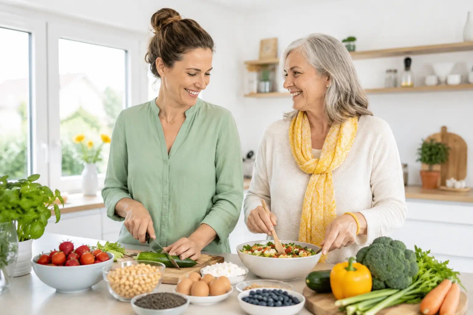 Zwei Frauen unterschiedlichen Alters bereiten gemeinsam eine proteinreiche Mahlzeit in einer hellen Küche zu.