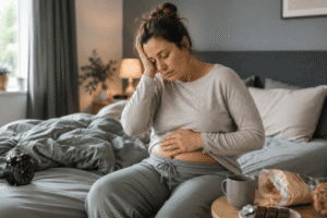 frau müdigkeit sitzend auf dem bett