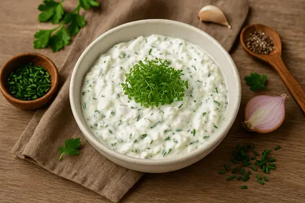 frischer kraeuterquark mit schalotten kresse